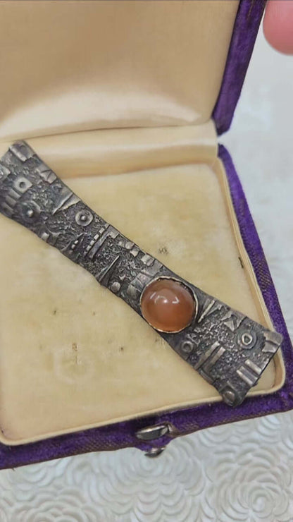 Vintage 1960s Silver and Orange Carnelian Tribal Geometric Unisex Brooch