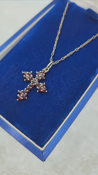 Vintage 1960s Red Garnet and Gilt Cross Pendant 24" Necklace