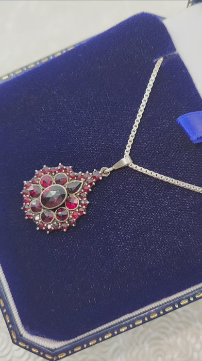 Vintage 1960s Swedish Rose Cut Red Garnet and 800 Silver Pendant Cluster 20" Necklace