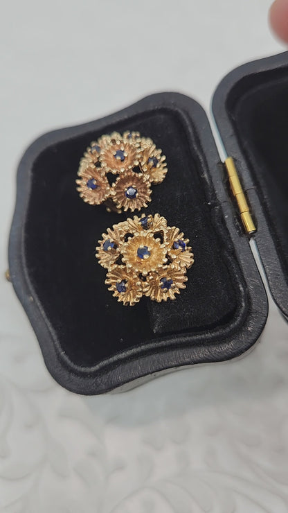Vintage 1960s Blue Sapphire and 14 Karat Yellow Gold Pierced Flower Earrings