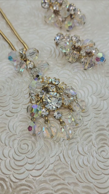 Vintage 1960s Aurora Borealis Rainbow Glass Bead Necklace and Clip-on Earring Jewelry Set