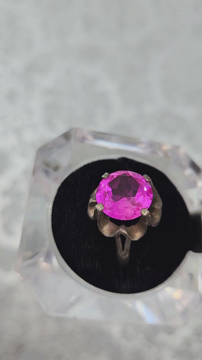 Vintage 1970s Pink Glass Flower Mexican Sterling Ring Size 8.5