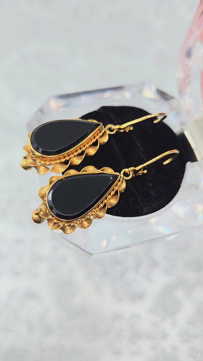 Antique 1880s Victorian Black Onyx Gold Filled Dangle Mourning Earrings