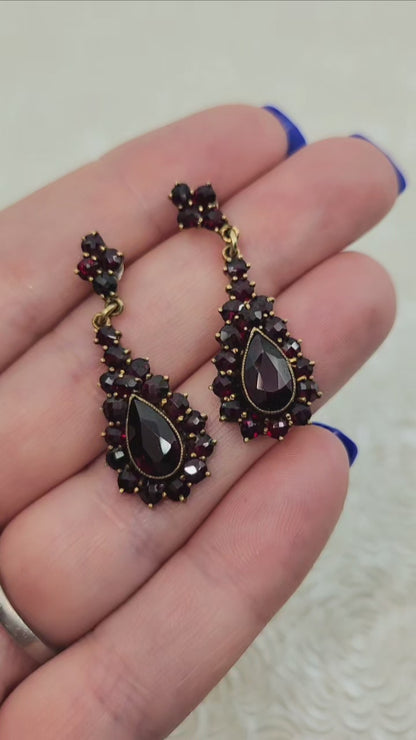 Vintage 1950s Red Rose Cut Pyrope Garnet and Gold Wash Drop Cluster Pierced Earrings