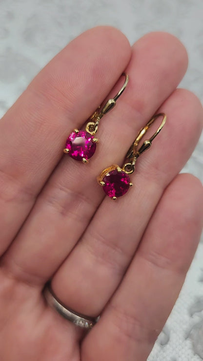 Vintage 1990s Lab-Created Ruby and Yellow Gold Vermeil Lever Back Earrings