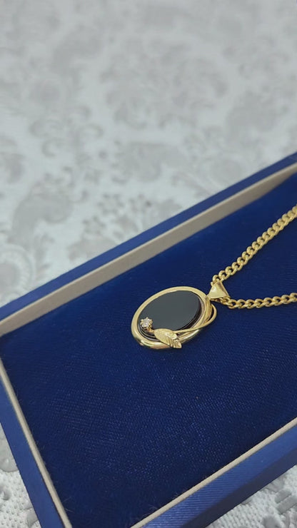 Vintage 1970s Black Onyx, Lab Moissanite Gold Filled Choker 16" Necklace