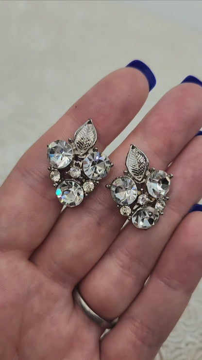 Vintage 1960s Clear Rhinestone and Silver Tone Leaf Cluster Clip-On Earrings