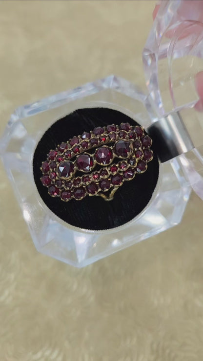 Antique 1880s Victorian Rose Cut Bohemian Garnet and Gold Wash Large Statement Cocktail Ring Size 7.75