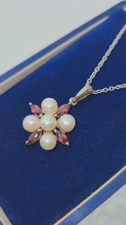 Vintage 1990s Garnet and Cultured Pearl Sterling Silver Cluster 20" Necklace