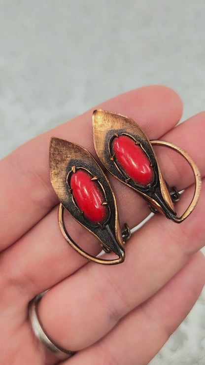 Vintage 1960s MATISSE Red Copper Leaf Mid-Century Modern Clip-On Earrings