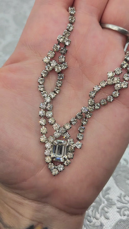 Vintage 1980s Rhinestone and Silver Tone Metal Choker 16" Necklace