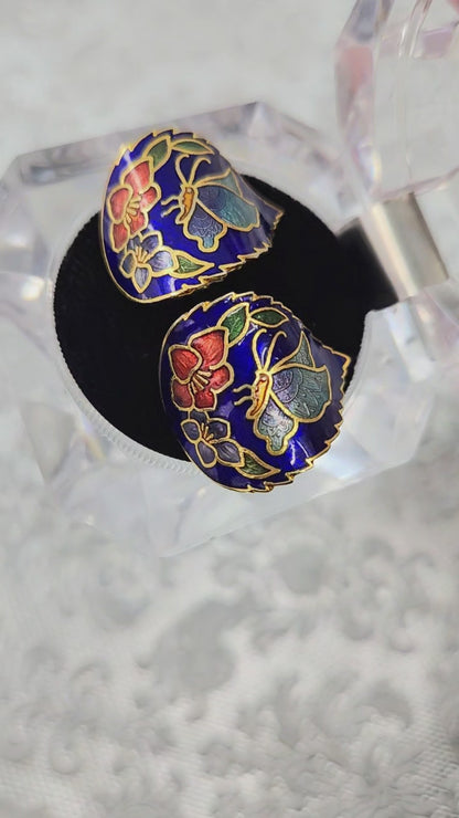 Vintage 1980s Blue Enamel and Gold Tone Metal Pierced Flower Butterfly Earrings