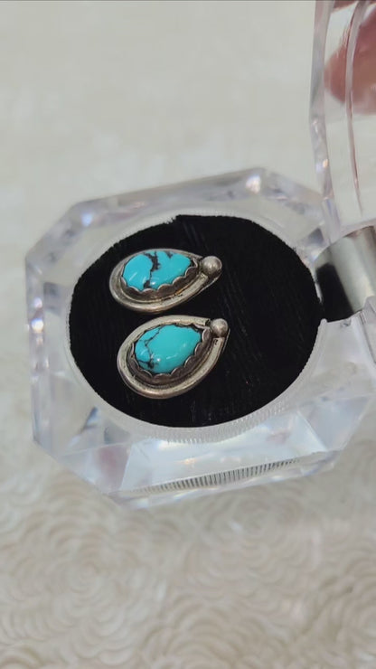 Vintage 1980s Blue Turquoise and Sterling Silver Pear Southwestern Stud Earrings