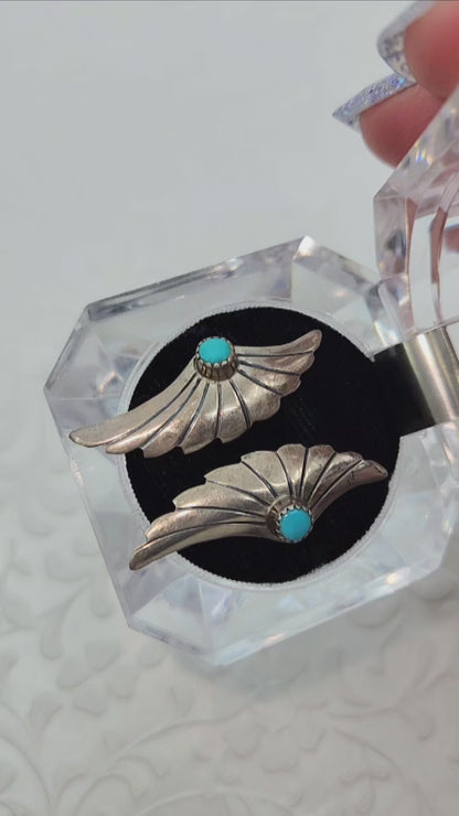 Vintage 1970s Sterling Silver Blue Turquoise Etched Large Stud Pierced Earrings