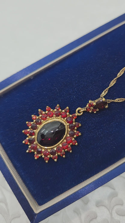 Vintage 1990s Red Garnet and Gold Washed Sterling Silver Bohemian Style Cluster 18" Necklace