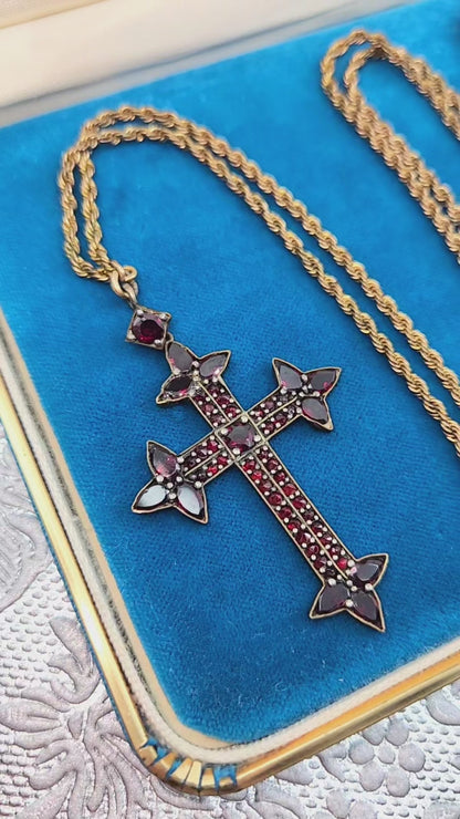 Antique 1890s Victorian Bohemian Garnet and Opal Cross Slide Long Watch Chain 48" Necklace