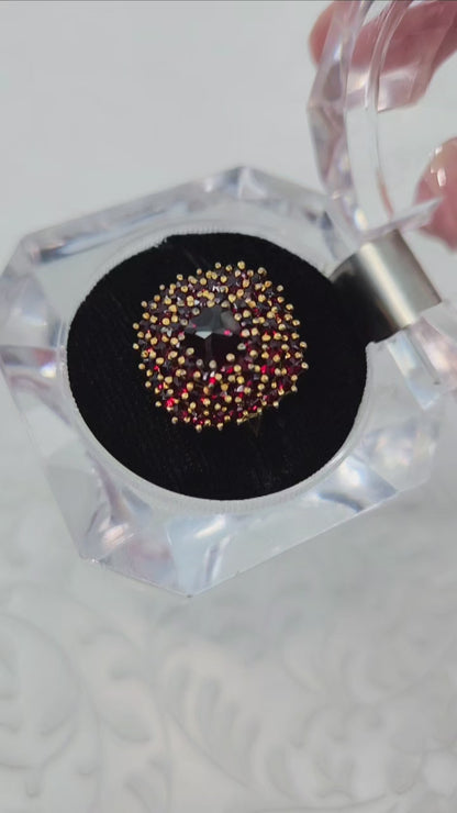 Vintage 1960s Red Rose Cut Pyrope Garnet, Sterling Silver Gold Wash Cluster Ring Size 6.5