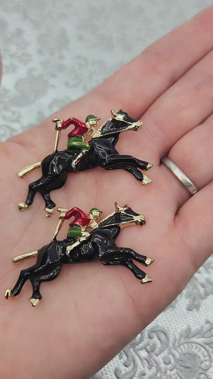 Vintage 1980s Enamel Jockey and Horse Gold Tone Brooch Set