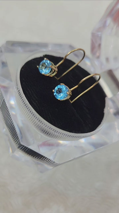 Antique 1910s Edwardian Blue Zircon and 14K Yellow Gold Kidney Wire Pierced Drop Earrings