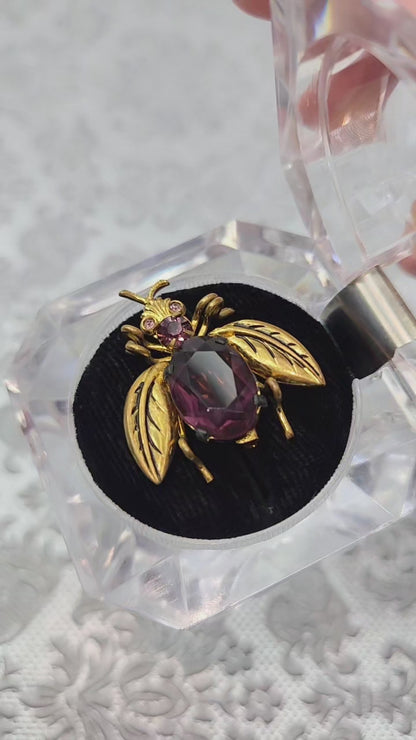 Vintage 1930s Czechoslovakia Purple Brass and Glass Fly Bug Brooch