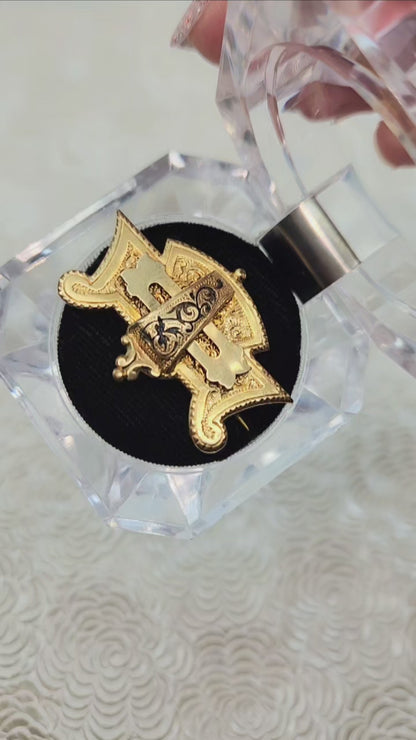 Victorian Mourning Brooch: Taille d'Epergne Black Enamel Rolled Gold, 1880s