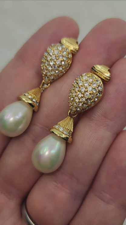 Vintage 1990s CHRISTIAN DIOR Designer Gold Plate, Rhinestone, Imitation Pearl Large Statement Drop Clip On Earrings