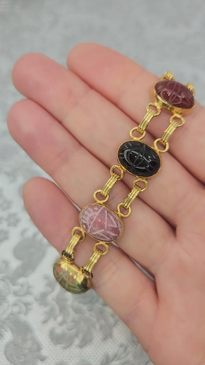 Vintage 1980s Gemstone Carved Scarab and Gold Plate 7" Link Bracelet