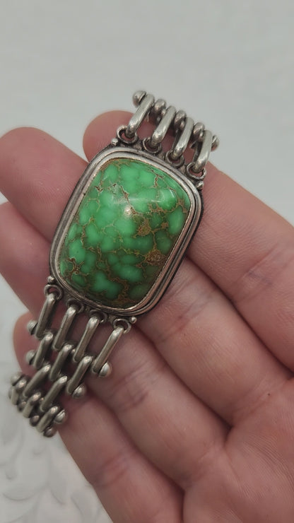Vintage 1980s Green Turquoise and Sterling Silver Link 7" Bracelet