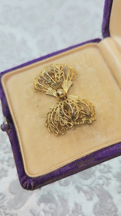 Vintage 1960s Bow Cannetille Gold Filled Brooch