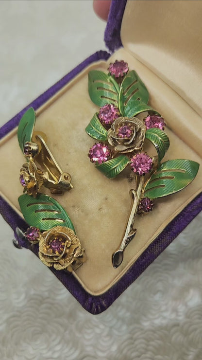 Vintage 1960s HOBE Pink Rhinestone Gold Plate Flower Leaf Enamel Brooch and Clip Earring Jewelry Set