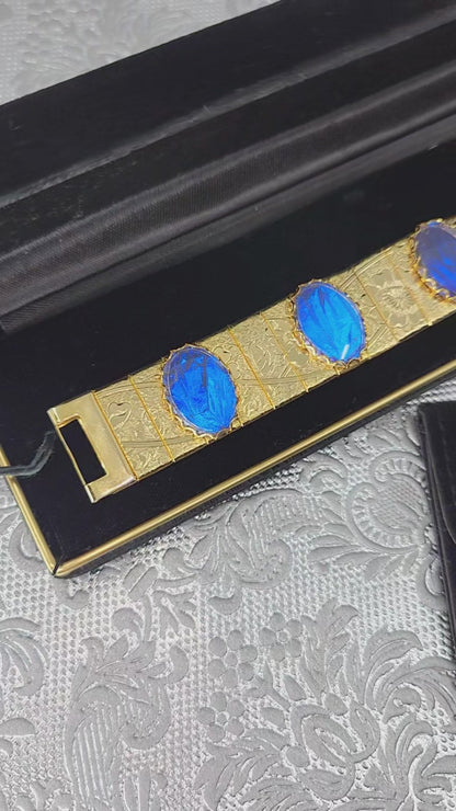 Vintage 1960s Morpho Blue Butterfly Wing and Gold Tone Bracelet and Drop Earring Set