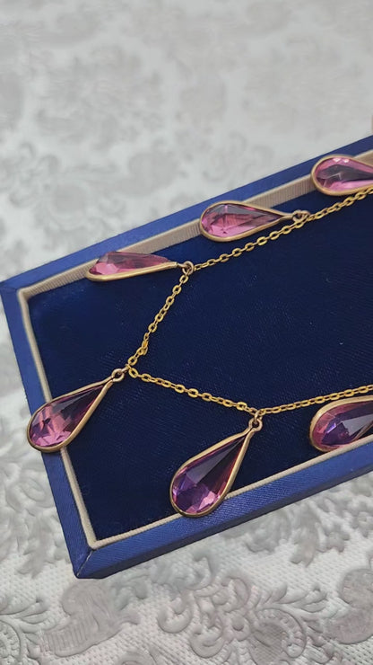 Vintage 1930s Art Deco Teardrop Pink Glass & Gold Fill Choker Necklace