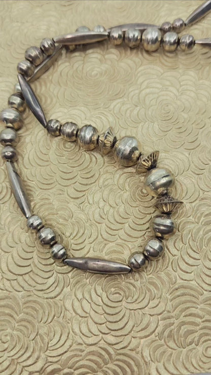 Vintage 1970s Sterling Silver Navajo Native American Hand Made Bead Single Strand 28.5" Necklace