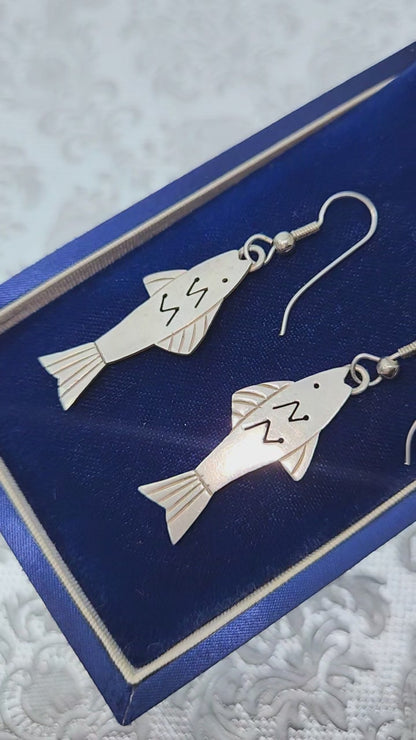 Vintage 1970s TAXCO Fish Sterling Silver Drop Earrings