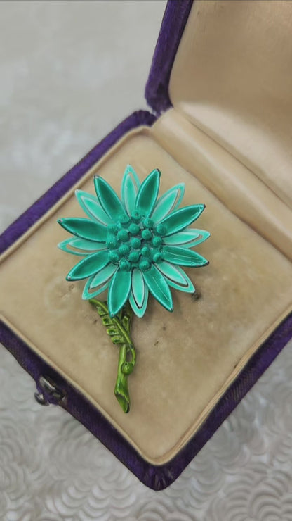 Vintage 1960s Blue Green Plastic Flower Floral Costume Brooch