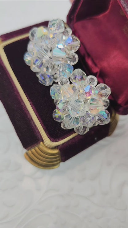 Vintage 1960s Clear Rainbow Aurora Borealis Beaded Silver Plated Cluster Clip-On Earrings