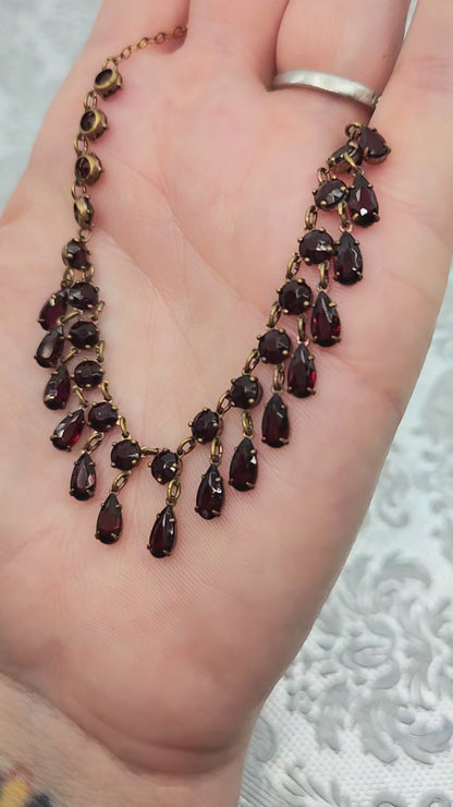 Vintage 1930s Victorian Revival Red Glass and Brass Collar 18" Necklace