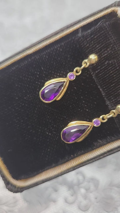 Vintage 1980s Pear-Cut Purple Amethyst and 14K Yellow Gold Drop Pierced Earrings