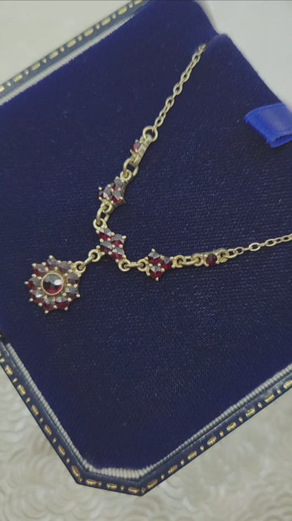 Vintage 1970s Red Rose Cut Garnet and Gold Washed Silver Choker 16.5" Necklace