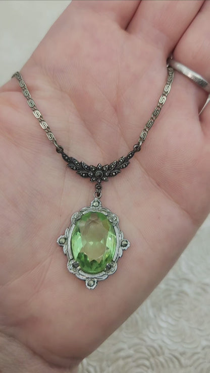Antique 1920s Art Deco Sterling Silver and Green Glass Marcasite Choker 16" Necklace