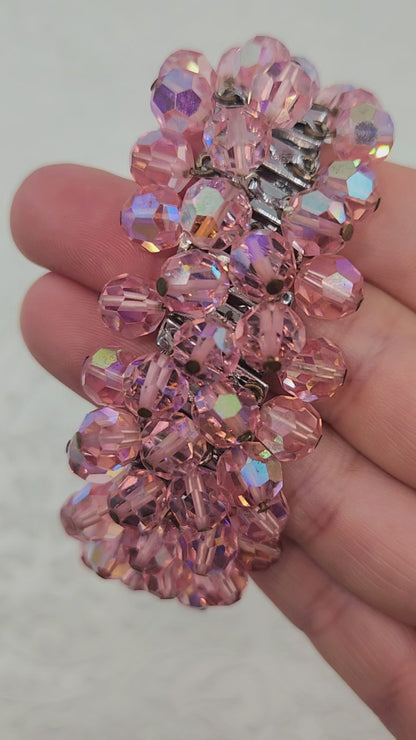 Vintage 1950s Cha-Cha Pink Aurora Borealis Bead Stretch Bracelet