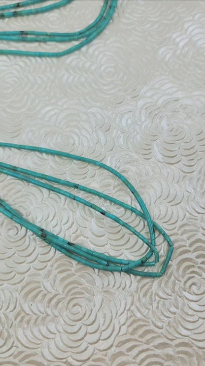 Vintage 1960s Handmade Native American Navajo Turquoise Blue Bead and Sterling Silver Multi Strand 25" Necklace